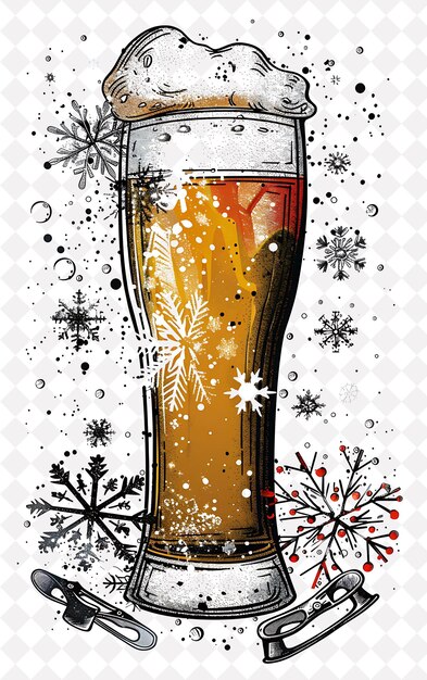 a glass of beer with snowflakes and snowflakes