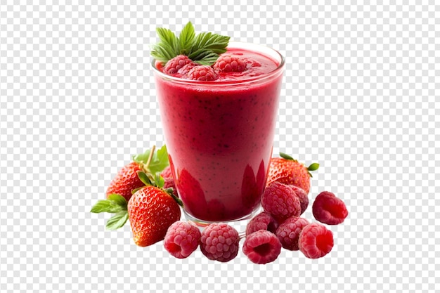 Glass of berry smoothie with strawberries and raspberries isolated on a transparent background