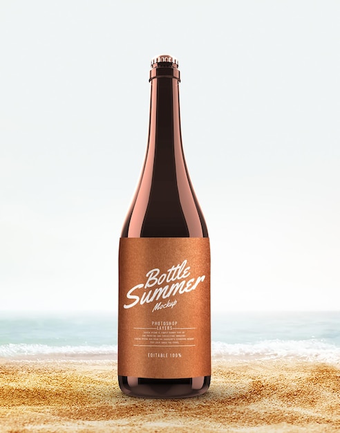 Glass bottle advertising mockup beach