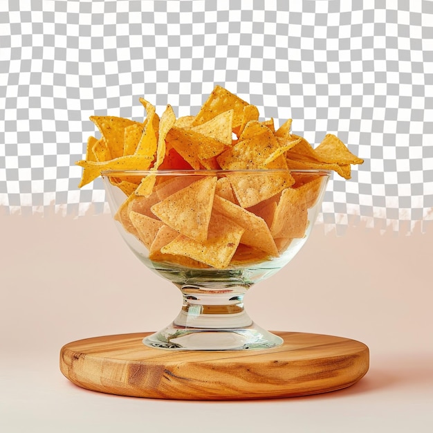 a glass bowl of chips with a glass bowl of chips in it