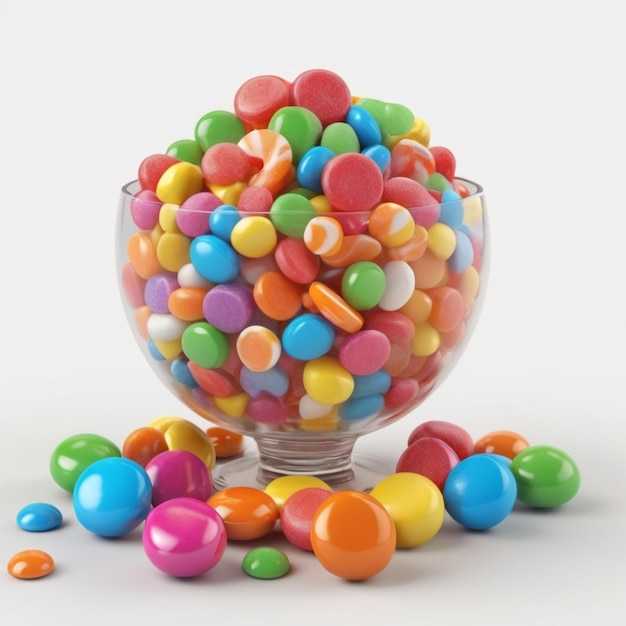 a glass bowl full of colorful candy with a white background