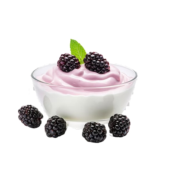 a glass bowl of raspberries and blackberries with a green leaf