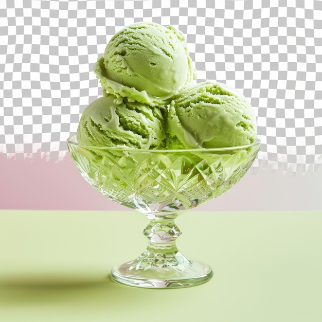 a glass bowl with ice cream on it and a green ice cream cone on the top