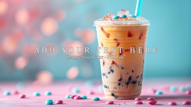 PSD a glass of bubble tea with candy pearls and a blue straw