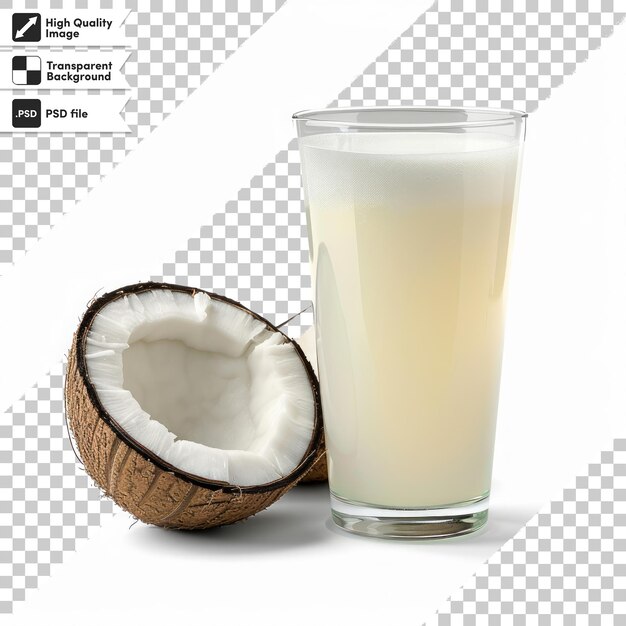 PSD a glass of coconut milk next to a coconut glass