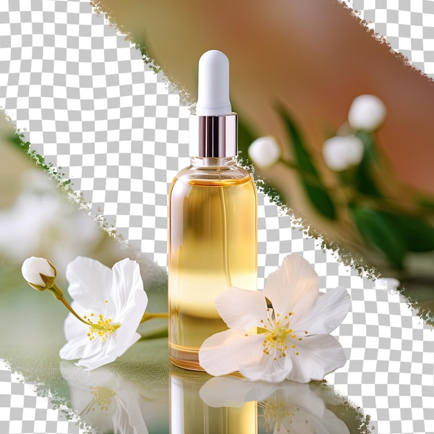 Glass container with pipette containing oil or serum featuring a small white rose on a gentle backdrop Idea natural skincare plant based oils collagen serum transparent background