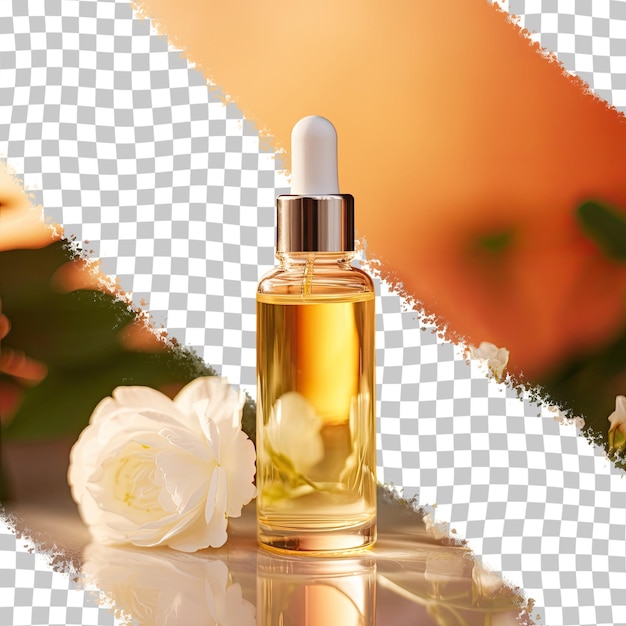 Glass container with pipette containing oil or serum featuring a small white rose on a gentle backdrop Idea natural skincare plant based oils collagen serum transparent background