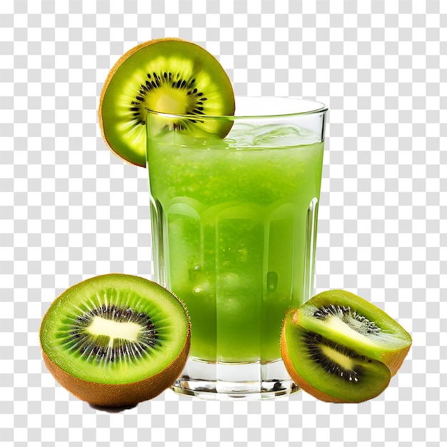 a glass of delicious green kiwi fruit juice on transparent background