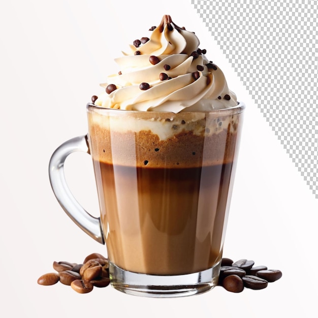 PSD glass of foamy cold coffee with whipped cream on transparent background