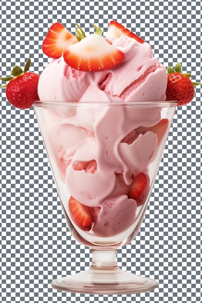 a glass of ice cream with strawberries and strawberries