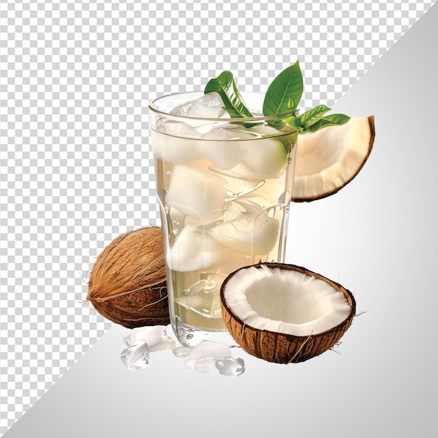 a glass of ice water with ice and a coconut