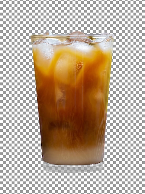 A glass of iced coffee with ice cubes on transparent background