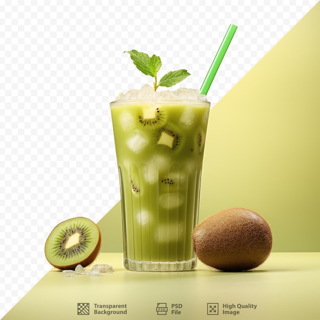 a glass of iced tea with a kiwi and a kiwi fruit.