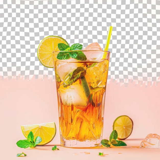 a glass of iced tea with lemon and lime