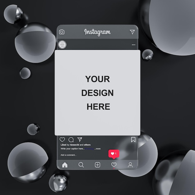 Glass Instagram social media mockup on black abstract background for feed presentation 3d render