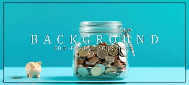 PSD glass jar filled with coins against a blue background