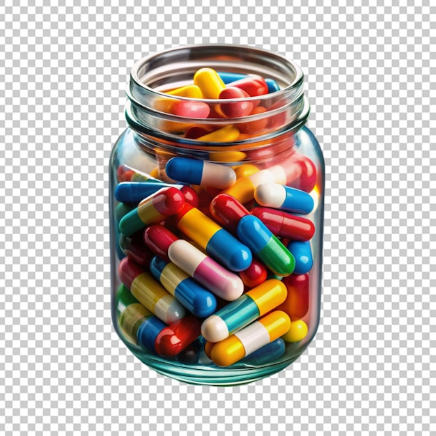 PSD a glass jar filled with lots of colorful pills