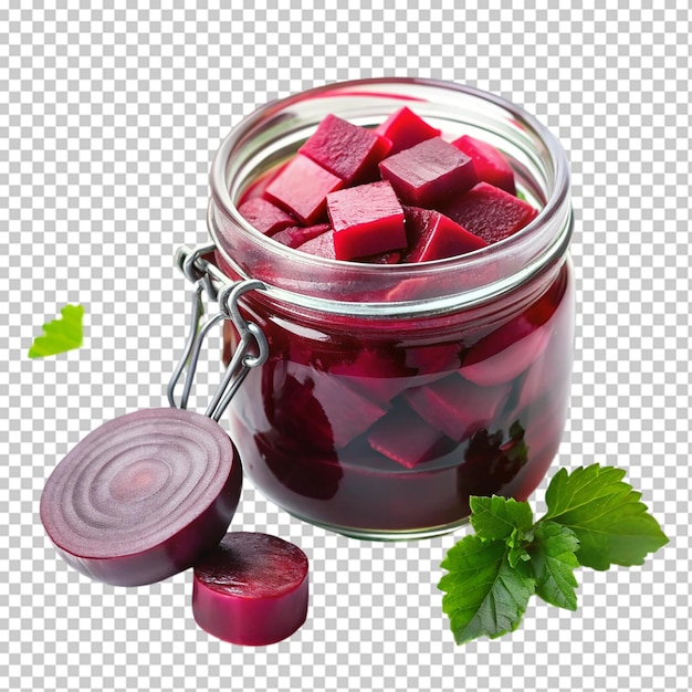 A glass jar filled with red beets isolated on transparent background