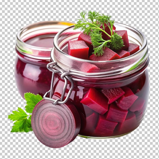 A glass jar filled with red beets isolated on transparent background