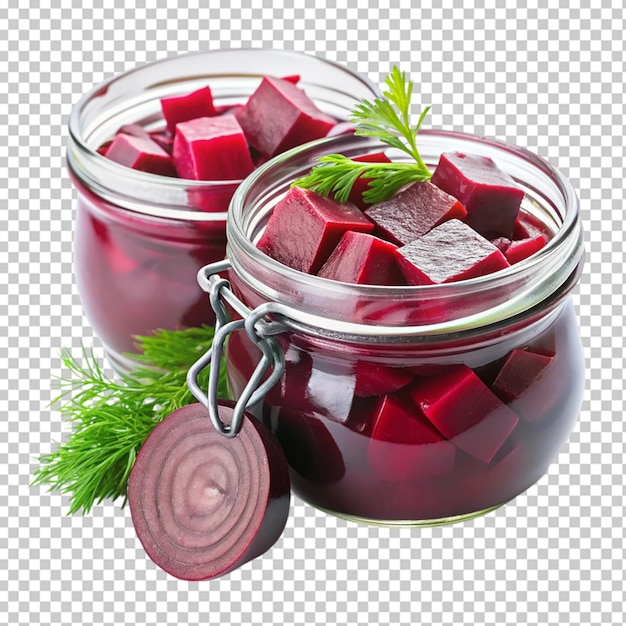 A glass jar filled with red beets isolated on transparent background