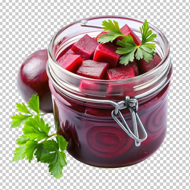 A glass jar filled with red beets isolated on transparent background