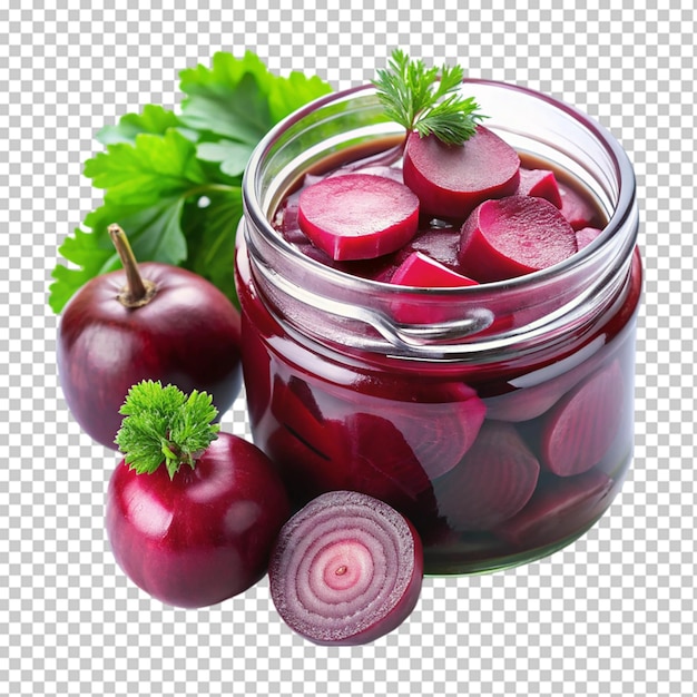 A glass jar filled with red beets isolated on transparent background