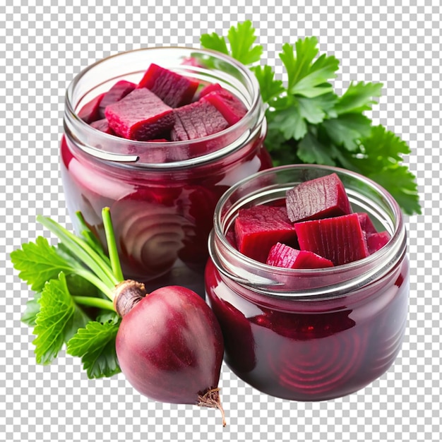 A glass jar filled with red beets isolated on transparent background