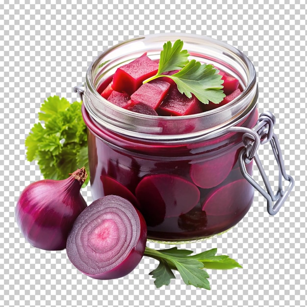 A glass jar filled with red beets isolated on transparent background