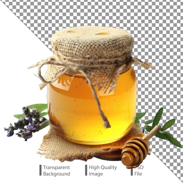 Glass Jar of Honey With Wooden Dipper and Lavender Sprig