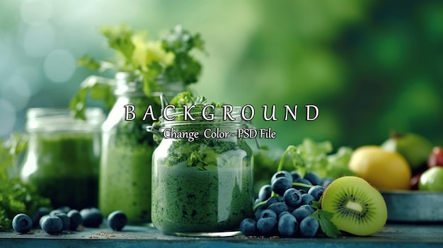 Glass jar mugs with green health smoothie AI generated image