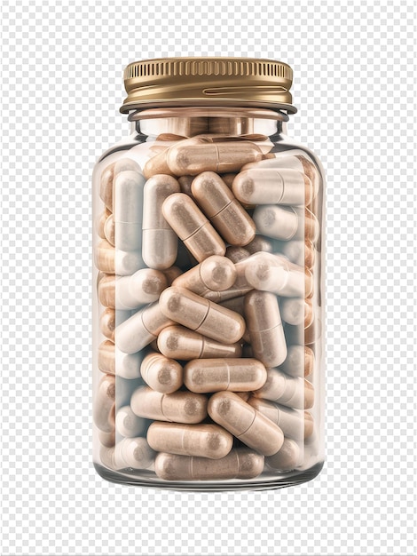 a glass jar of pills with a gold top that says pill