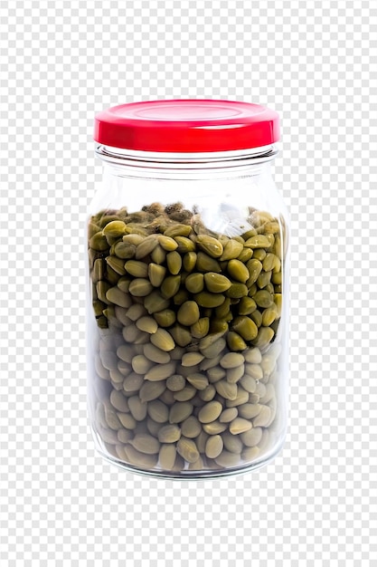 a glass jar with green beans and a red cap