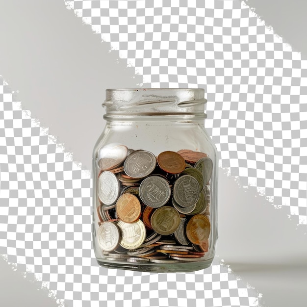 a glass jar with a lot of coins in it