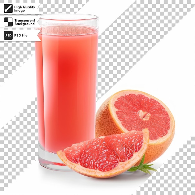 a glass of juice with a grapefruit on it