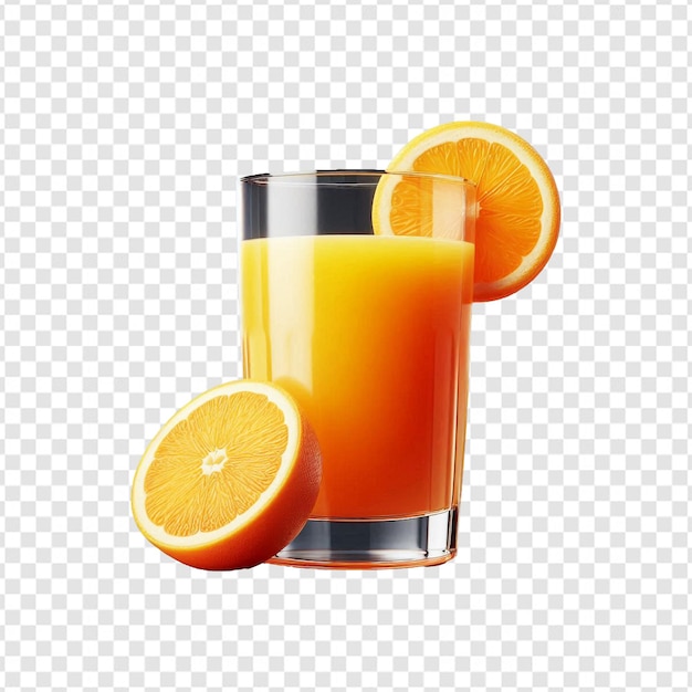 a glass of juice with orange slices and a half full of oranges