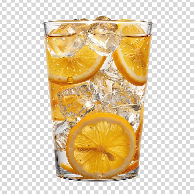 a glass of lemonade with lemon slices and lemon slices