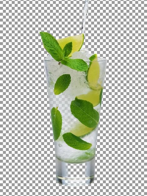 A glass of lemonade with a straw and mint leaves on transparent background