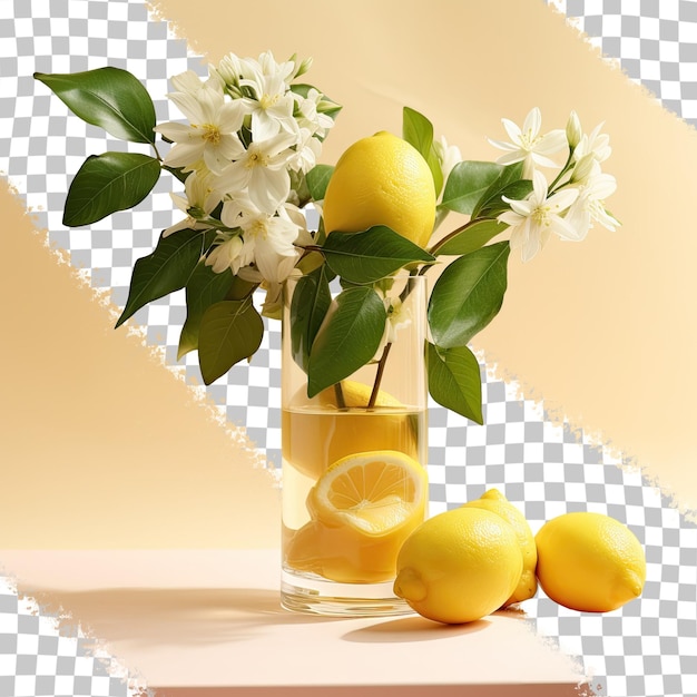 a glass of lemons and a vase with flowers in it