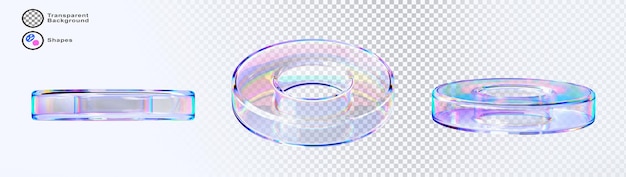 PSD glass liquid transparent circle rings with chromatic dispersion effect 3d render icon set abstract fluid torus shapes with gradient texture crystal rainbow objects isolated elements