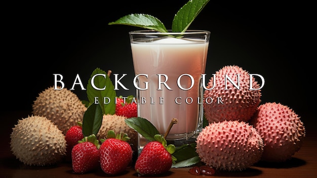 Glass of lychee juice and sliced lychee fruits isolated on darker background