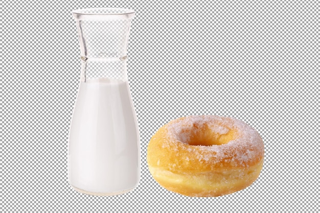 Glass Milk Bottle and Sugary donuts isolated on a transparent background