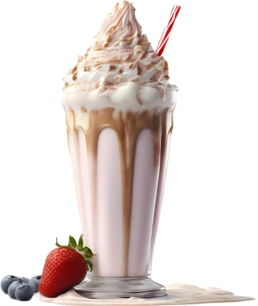 a glass of milkshake with a strawberry and strawberries