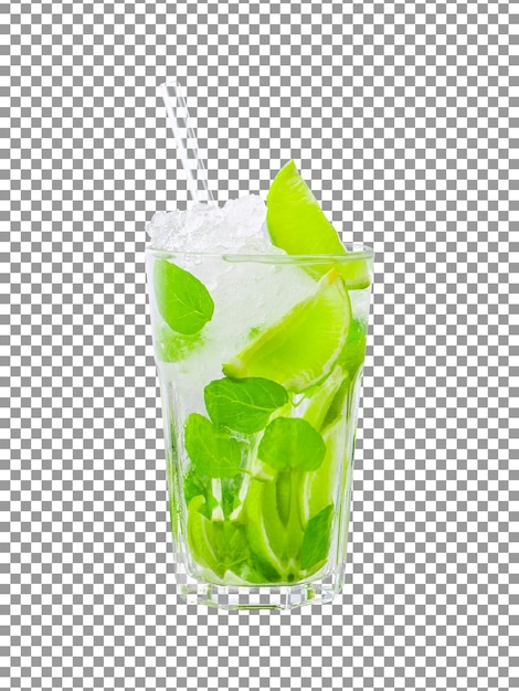 A glass of mint mojito with a straw on transparent background