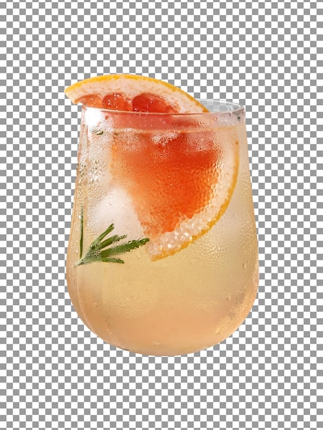 A glass of orange cocktail with a slice of rosemary on thetransparent background