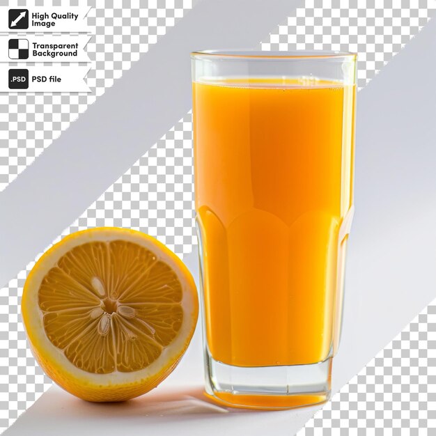 PSD a glass of orange juice next to a half a lemon