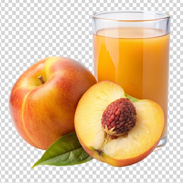 A glass of orange juice and a peach on transparent background