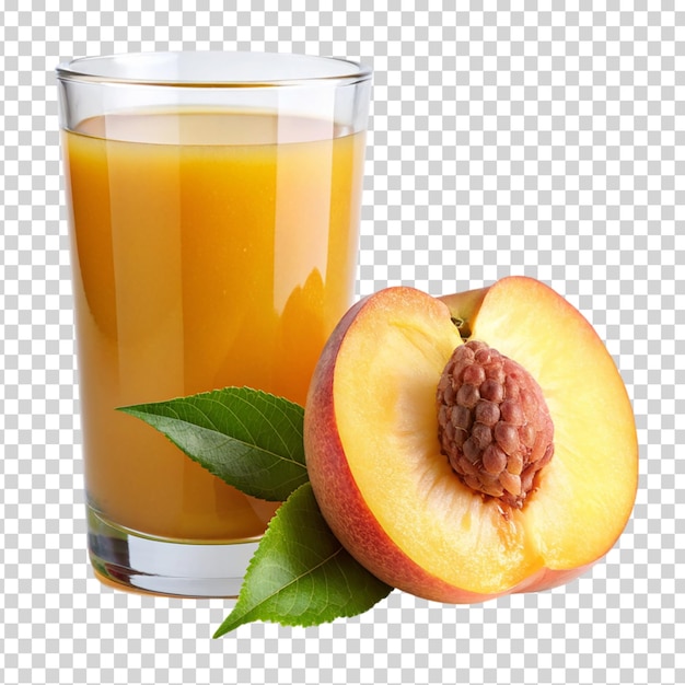 A glass of orange juice and a peach on transparent background