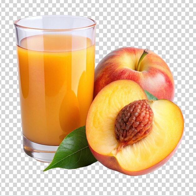 A glass of orange juice and a peach on transparent background