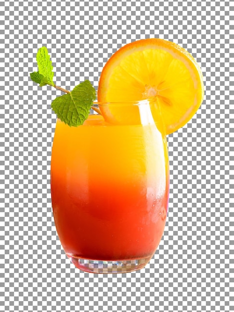 Glass of orange juice with a leaf and a slice of orange on transparent background