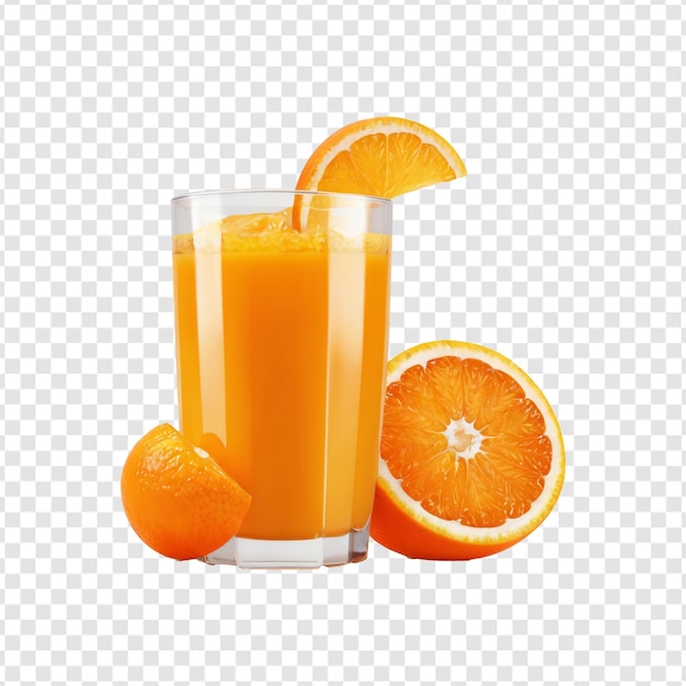 a glass of orange juice with orange slices and a white background